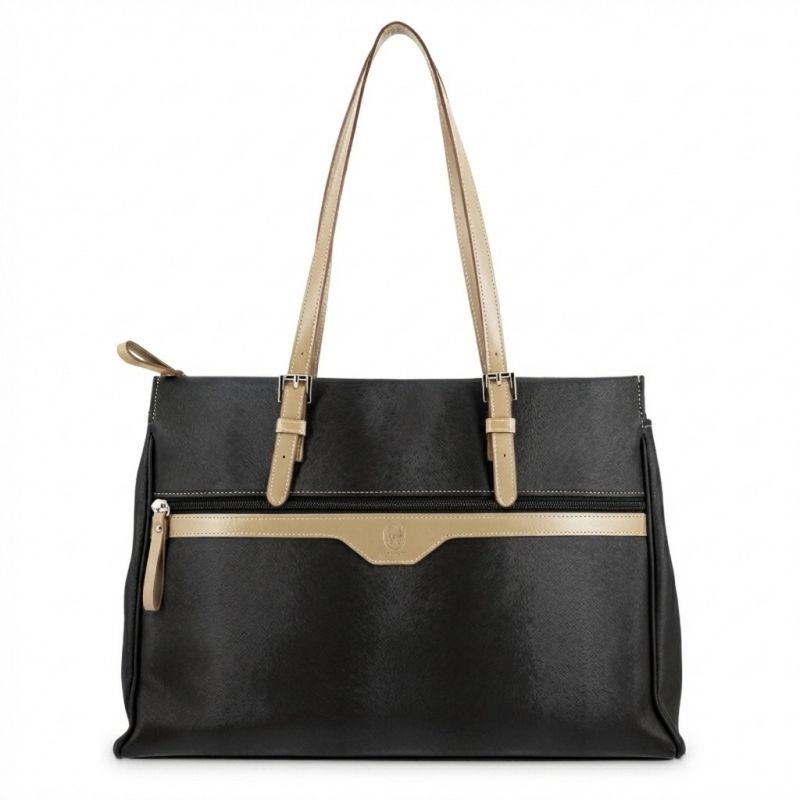 Bolso carpeta lona piel vacuno mujer negro Base