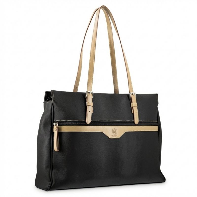 Bolso carpeta lona piel vacuno mujer negro Base