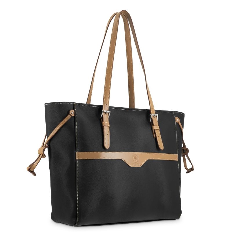Bolso shopping lona-piel vacuno mujer negro Base