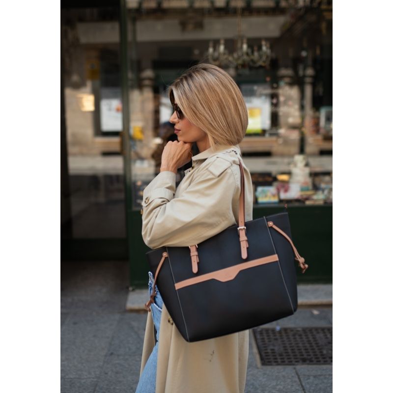 Bolso shopping lona-piel vacuno mujer negro Base
