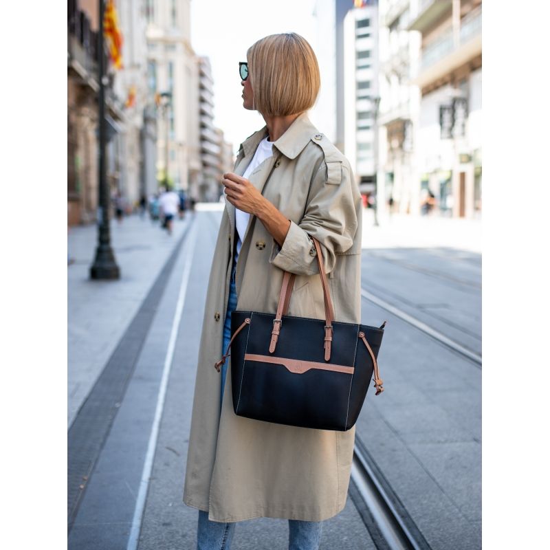 Bolso shopping lona-piel vacuno mujer negro Base