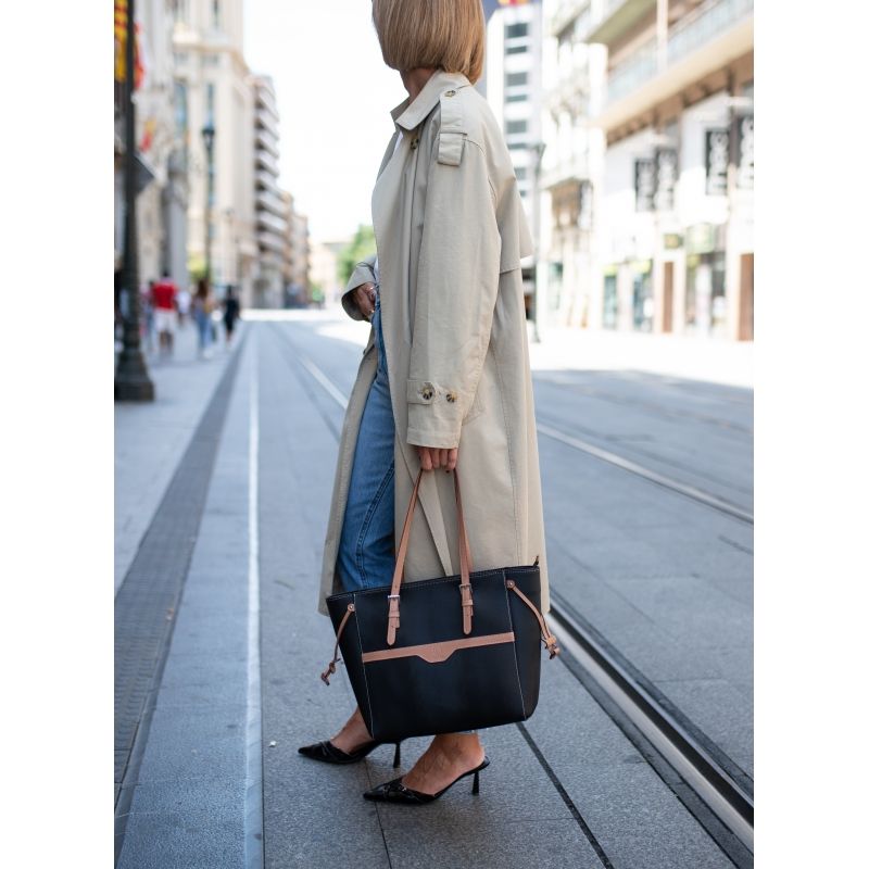 Bolso shopping lona-piel vacuno mujer negro Base