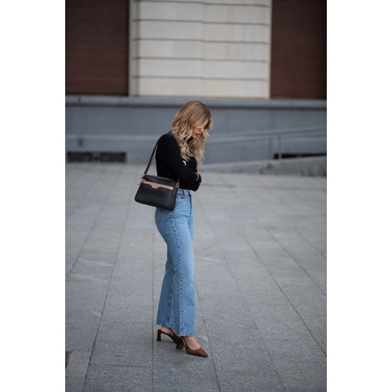 Bolso bandolera lona piel vacuno mujer negro Base