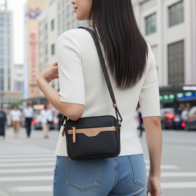 Bolso lona piel vacuno mujer negro Base