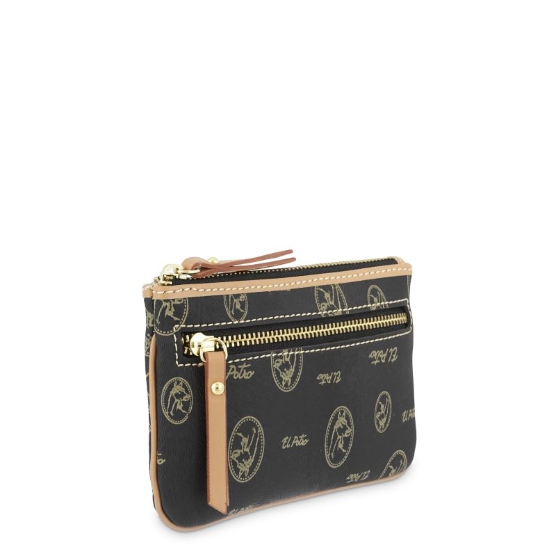 Monedero lona piel vacuno mujer negro Vintage